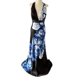 Alberto Makali Halter Silk Dress Black with Blue Flowers Size 6